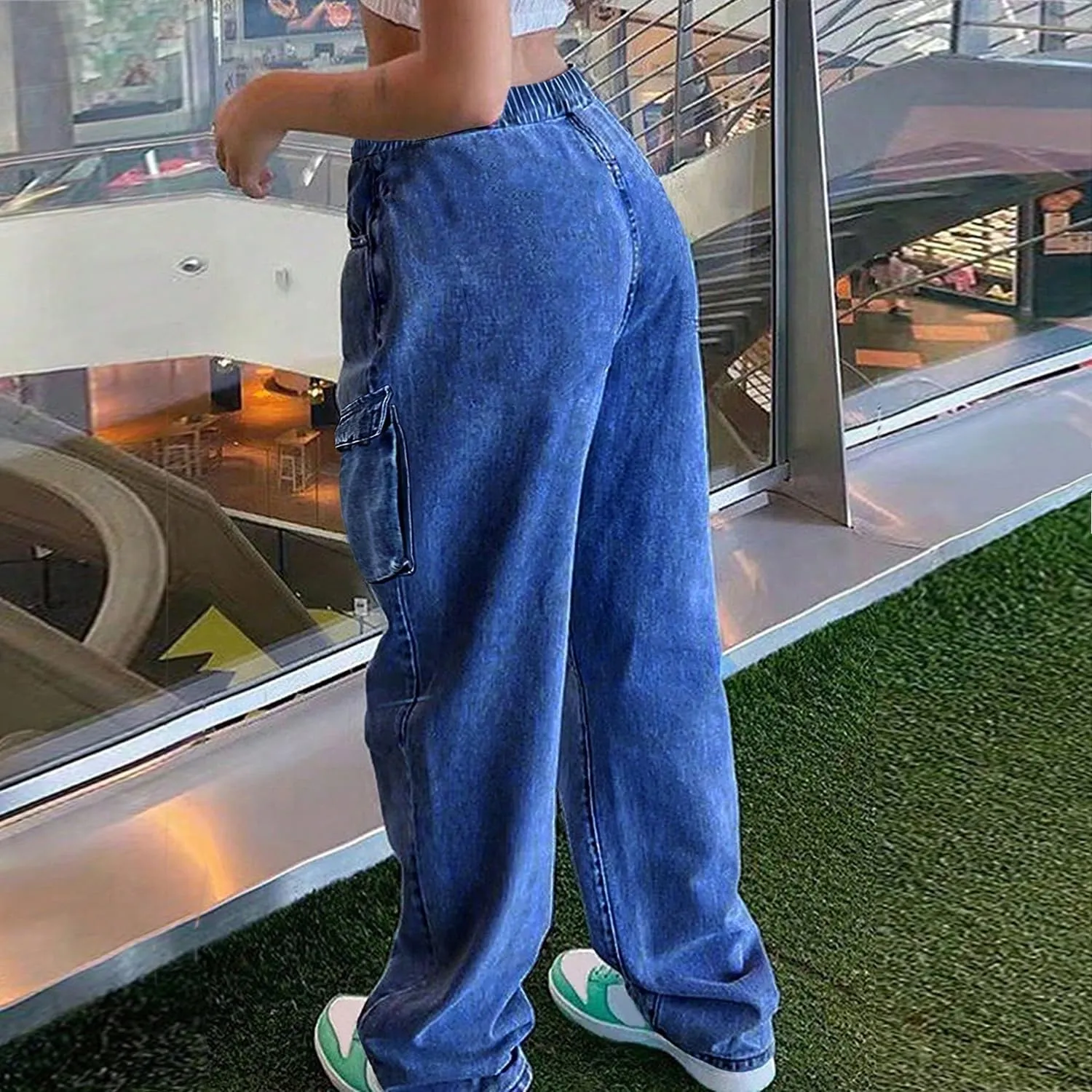 Mid Rise Cargo Jeans Women Elastic Waist Stretch Wide Leg Denim Pants with Pockets Baggy Streetwear Pants y2k