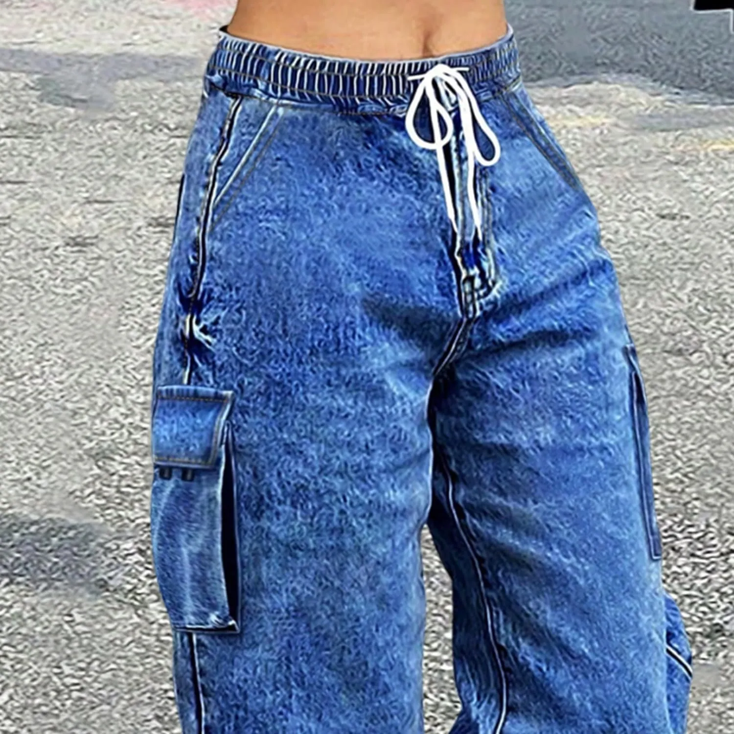 Mid Rise Cargo Jeans Women Elastic Waist Stretch Wide Leg Denim Pants with Pockets Baggy Streetwear Pants y2k