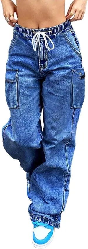 Mid Rise Cargo Jeans Women Elastic Waist Stretch Wide Leg Denim Pants with Pockets Baggy Streetwear Pants y2k