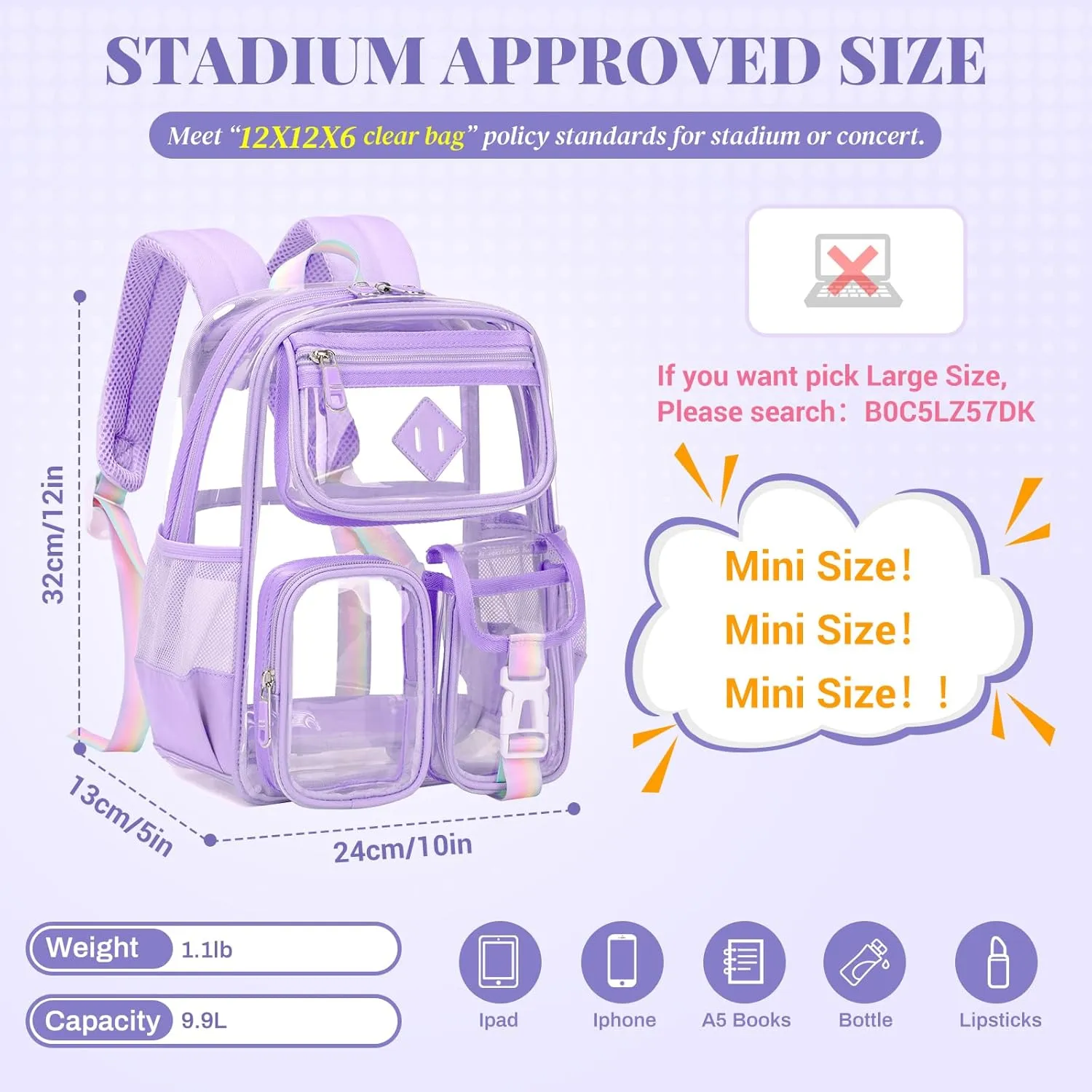 Mini Clear Backpack for Stadium Events Clear Bag Small Transparent Bookbag for Kids Girls with Thicken Shoulder Straps for Concert, Sporting Events, Festival,Purple