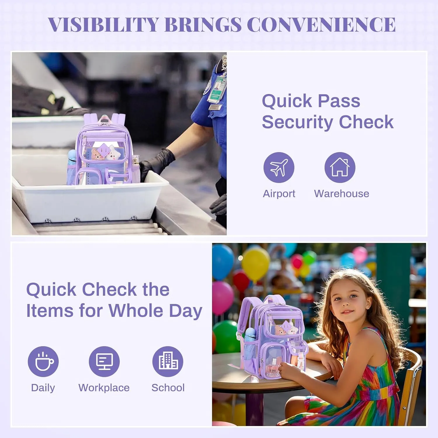 Mini Clear Backpack for Stadium Events Clear Bag Small Transparent Bookbag for Kids Girls with Thicken Shoulder Straps for Concert, Sporting Events, Festival,Purple
