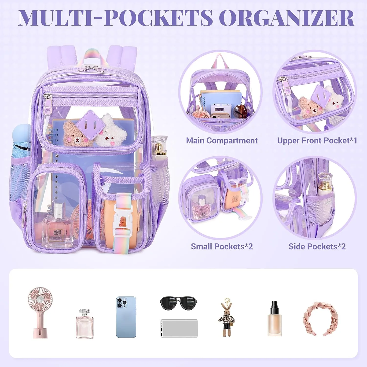 Mini Clear Backpack for Stadium Events Clear Bag Small Transparent Bookbag for Kids Girls with Thicken Shoulder Straps for Concert, Sporting Events, Festival,Purple