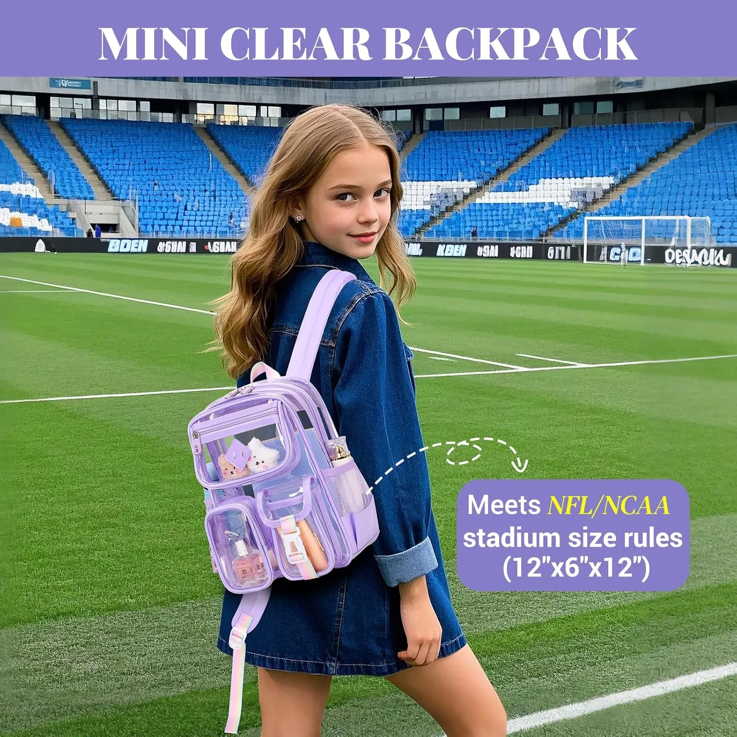 Mini Clear Backpack for Stadium Events Clear Bag Small Transparent Bookbag for Kids Girls with Thicken Shoulder Straps for Concert, Sporting Events, Festival,Purple