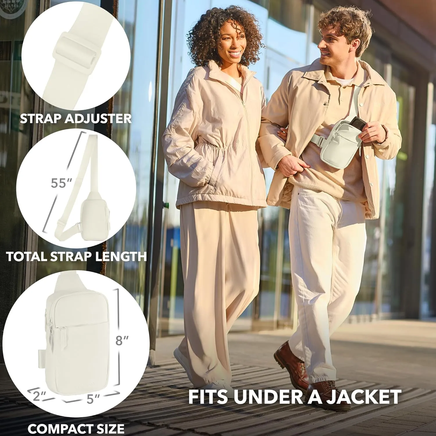 Mini Sling Bag Crossbody Fanny Pack Men & Women - Switchable Strap, RFID Blocking, Water-Repellent,Hidden Pocket - Chest Purse for Travel, EDC, Phone Holder, Small Shoulder pouch (Beige)