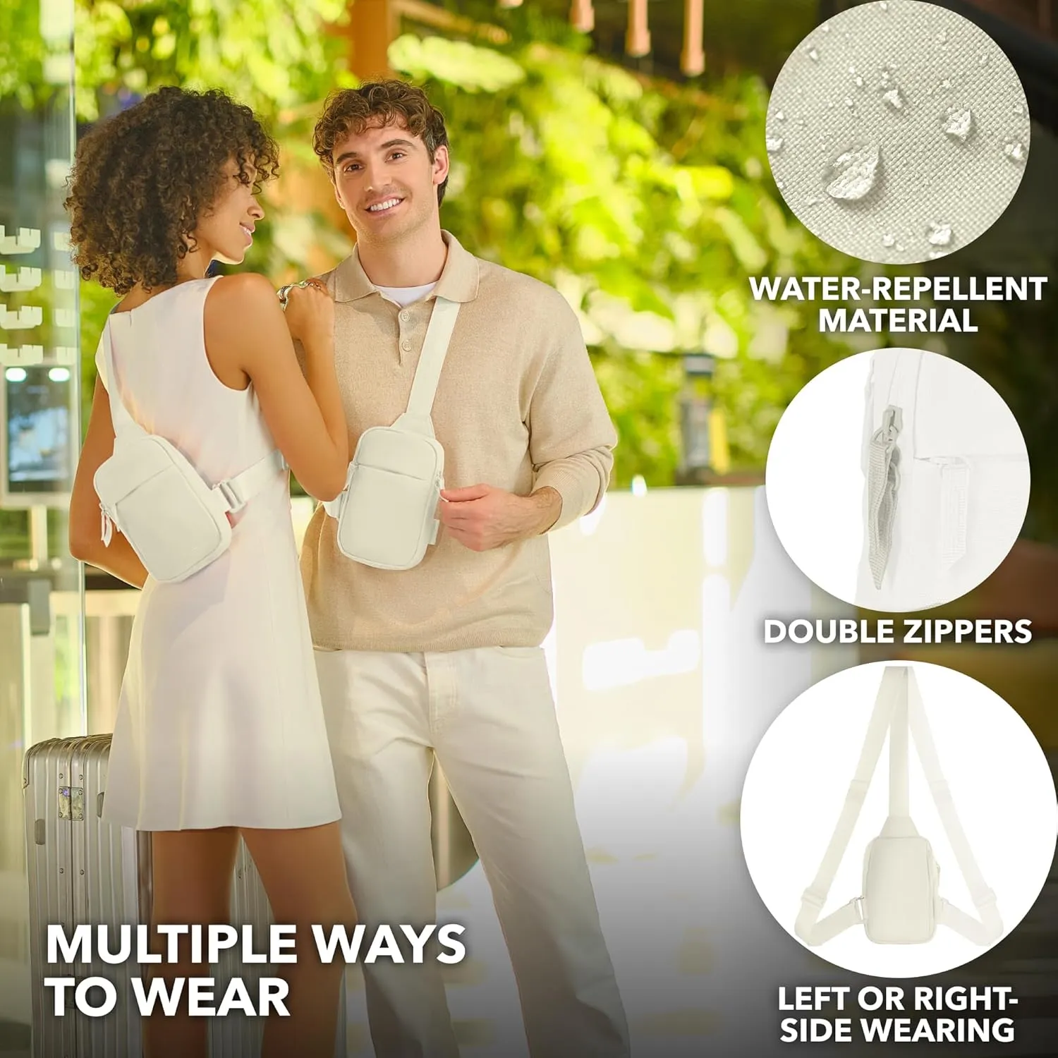Mini Sling Bag Crossbody Fanny Pack Men & Women - Switchable Strap, RFID Blocking, Water-Repellent,Hidden Pocket - Chest Purse for Travel, EDC, Phone Holder, Small Shoulder pouch (Beige)