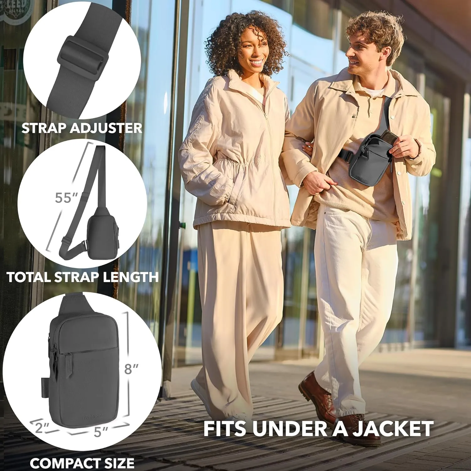 Mini Sling Bag Crossbody Fanny Pack Men & Women - Switchable Strap, RFID Blocking, Water-Repellent,Hidden Pocket - Chest Purse for Travel, EDC, Phone Holder, Small Shoulder pouch (Gray)