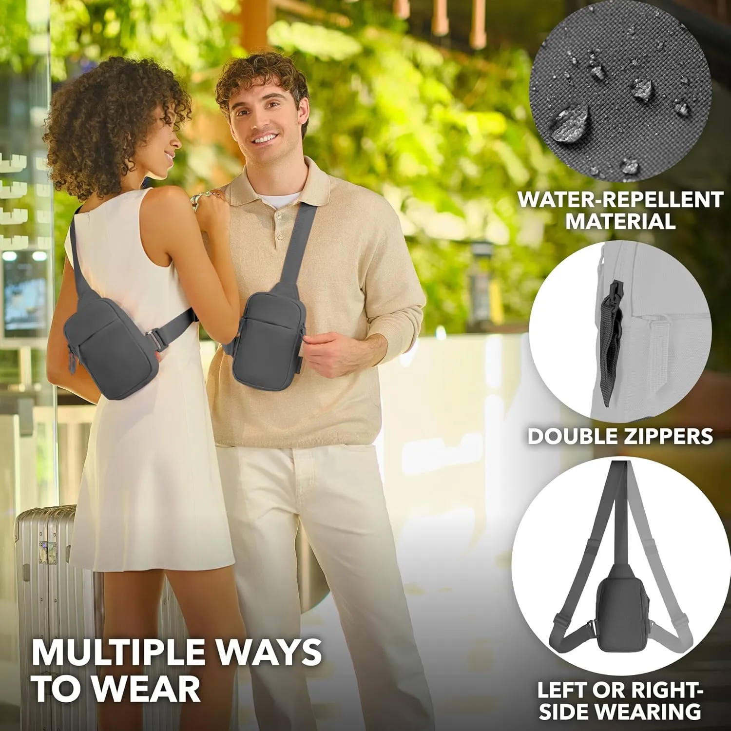 Mini Sling Bag Crossbody Fanny Pack Men & Women - Switchable Strap, RFID Blocking, Water-Repellent,Hidden Pocket - Chest Purse for Travel, EDC, Phone Holder, Small Shoulder pouch (Gray)