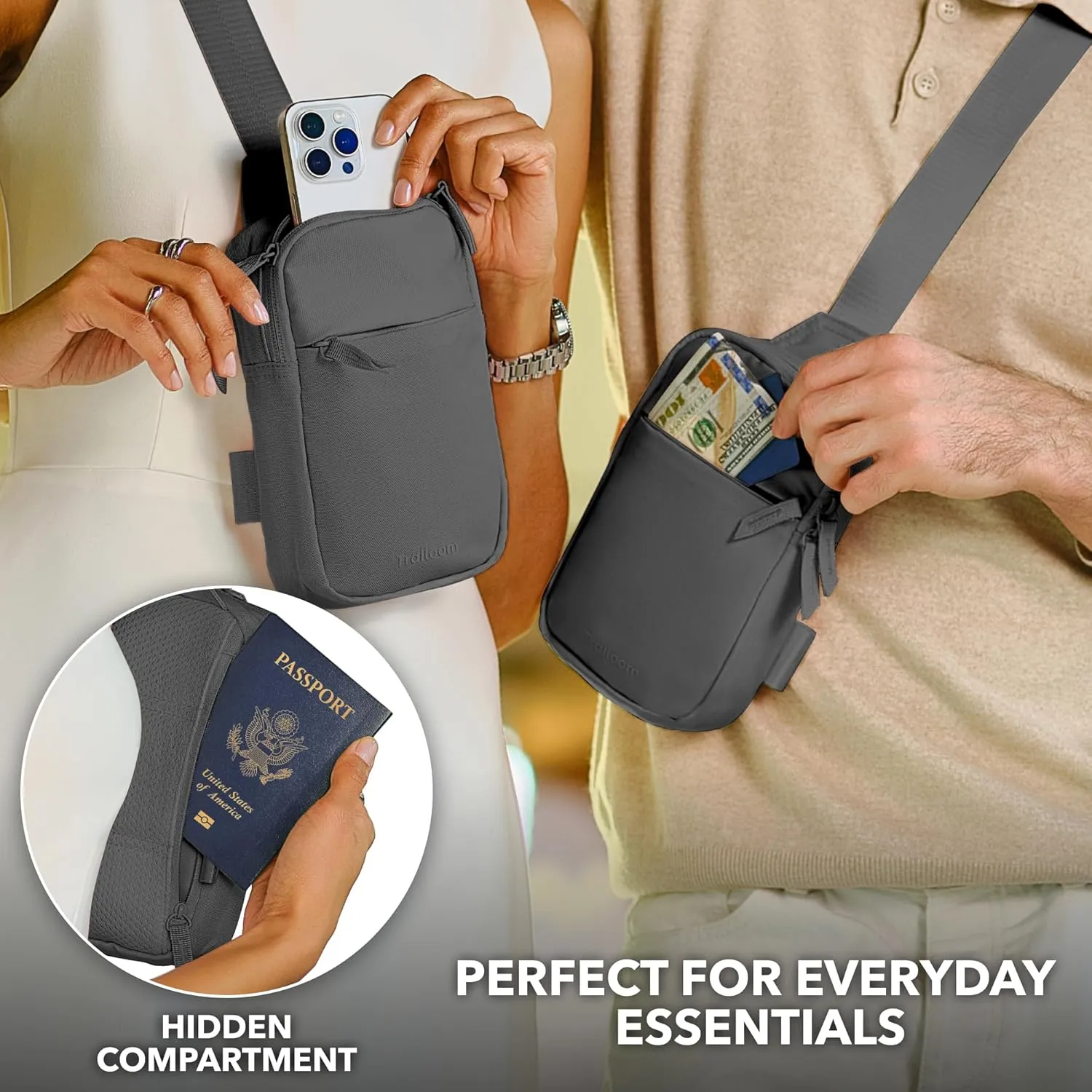 Mini Sling Bag Crossbody Fanny Pack Men & Women - Switchable Strap, RFID Blocking, Water-Repellent,Hidden Pocket - Chest Purse for Travel, EDC, Phone Holder, Small Shoulder pouch (Gray)