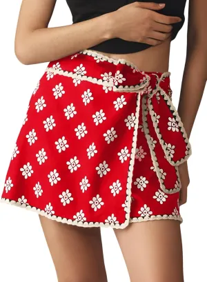 Mini Wrap Skirt Short for Women Flowy Bodycon Print Elastic Waist Fall Casual Beige Skort
