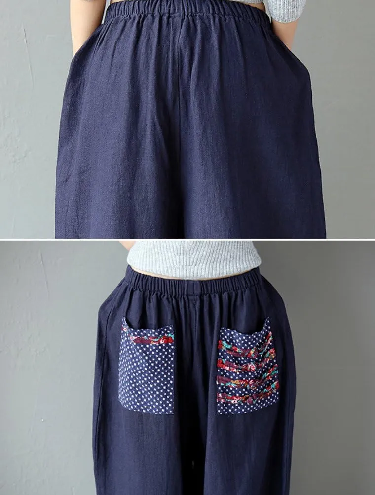 Minibee Women's Baggy Linen Wide Leg Trousers Casual Patchwork Elastic Waist Harem Pants