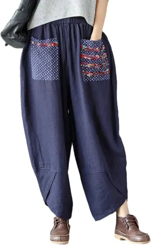 Minibee Women's Baggy Linen Wide Leg Trousers Casual Patchwork Elastic Waist Harem Pants
