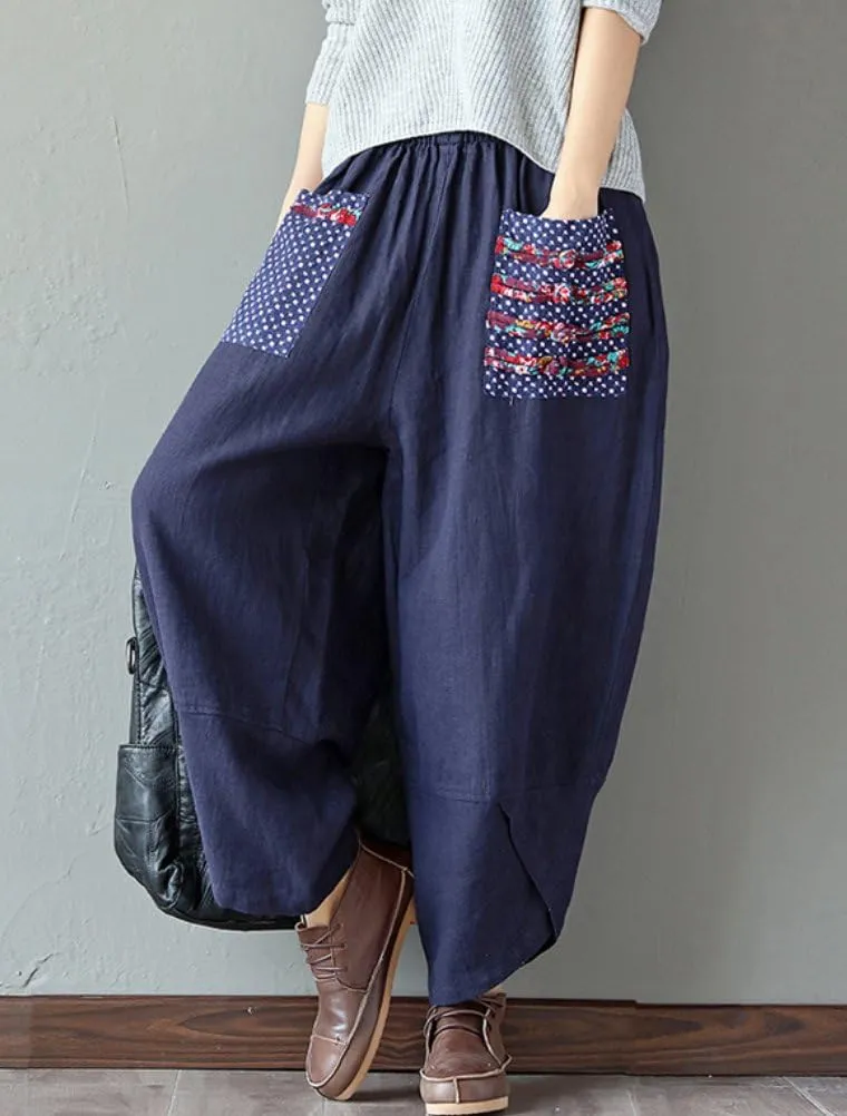 Minibee Women's Baggy Linen Wide Leg Trousers Casual Patchwork Elastic Waist Harem Pants