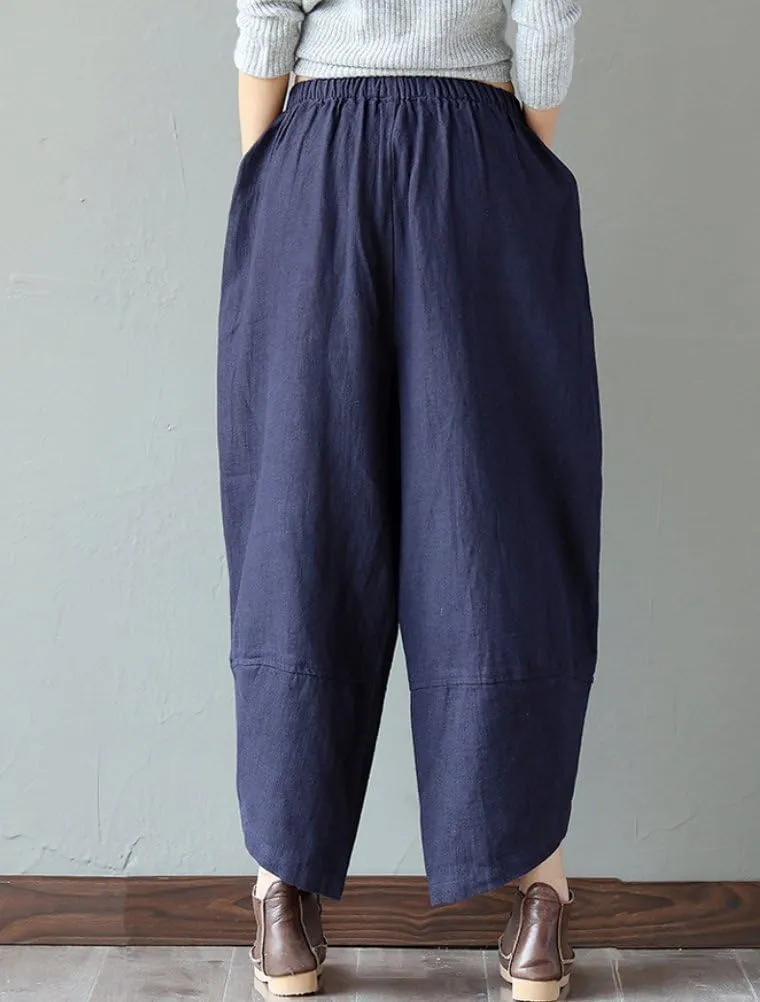 Minibee Women's Baggy Linen Wide Leg Trousers Casual Patchwork Elastic Waist Harem Pants