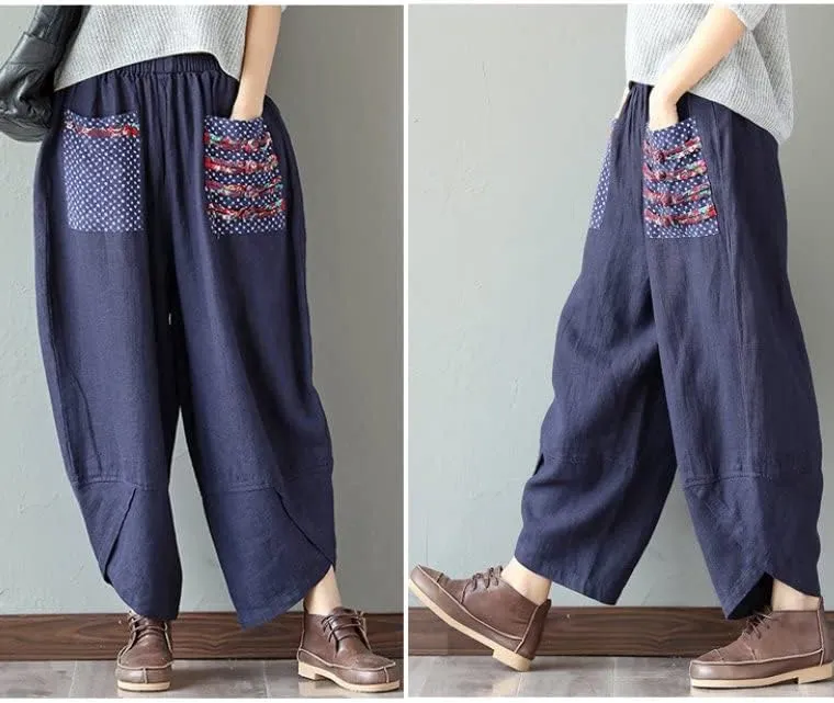 Minibee Women's Baggy Linen Wide Leg Trousers Casual Patchwork Elastic Waist Harem Pants