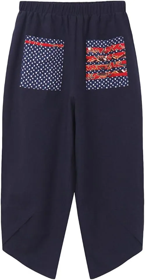 Minibee Women's Baggy Linen Wide Leg Trousers Casual Patchwork Elastic Waist Harem Pants