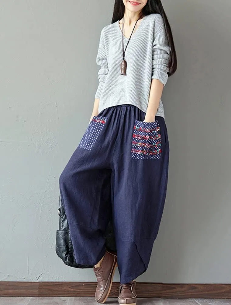 Minibee Women's Baggy Linen Wide Leg Trousers Casual Patchwork Elastic Waist Harem Pants