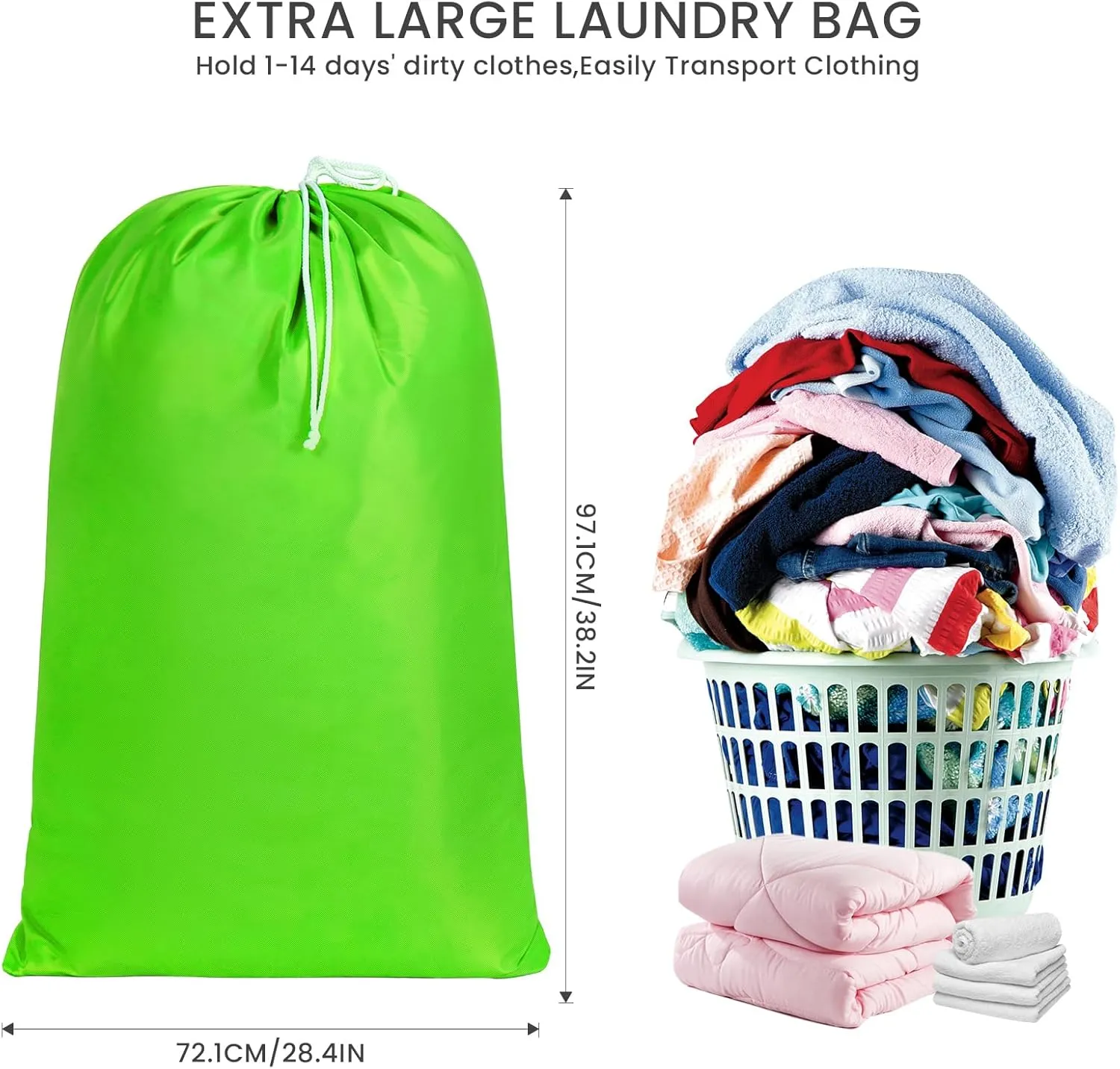 Miss Promation Travel Laundry Bag, Nylon Laundry Bag-Machine Washable Dirty Clothes Organizer with Drawstring，Easy Fit a Laundry Hamper or Basket 28" x 38" (Grass Green)