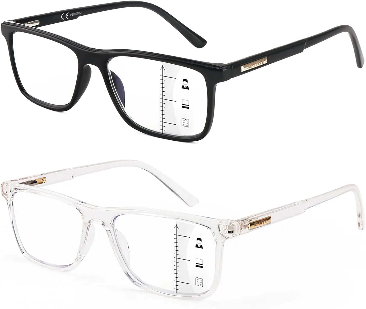 Missfive 2 Pack Multifocus Progressive Reading Glasses - Blue Light Blocking Anti UV/Eye Strain Multifocal Readers, Durable Metal Spring Hinge Stylish Eyewear for Near Workspace,1.25x