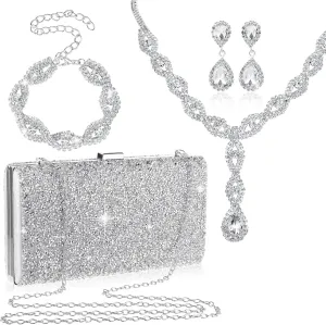 Mixweer 4 Pieces Clutch Purses Bag for Women Evening Rhinestone Jewelry Set Bling Necklace Earrings Bracelets Set for Wedding