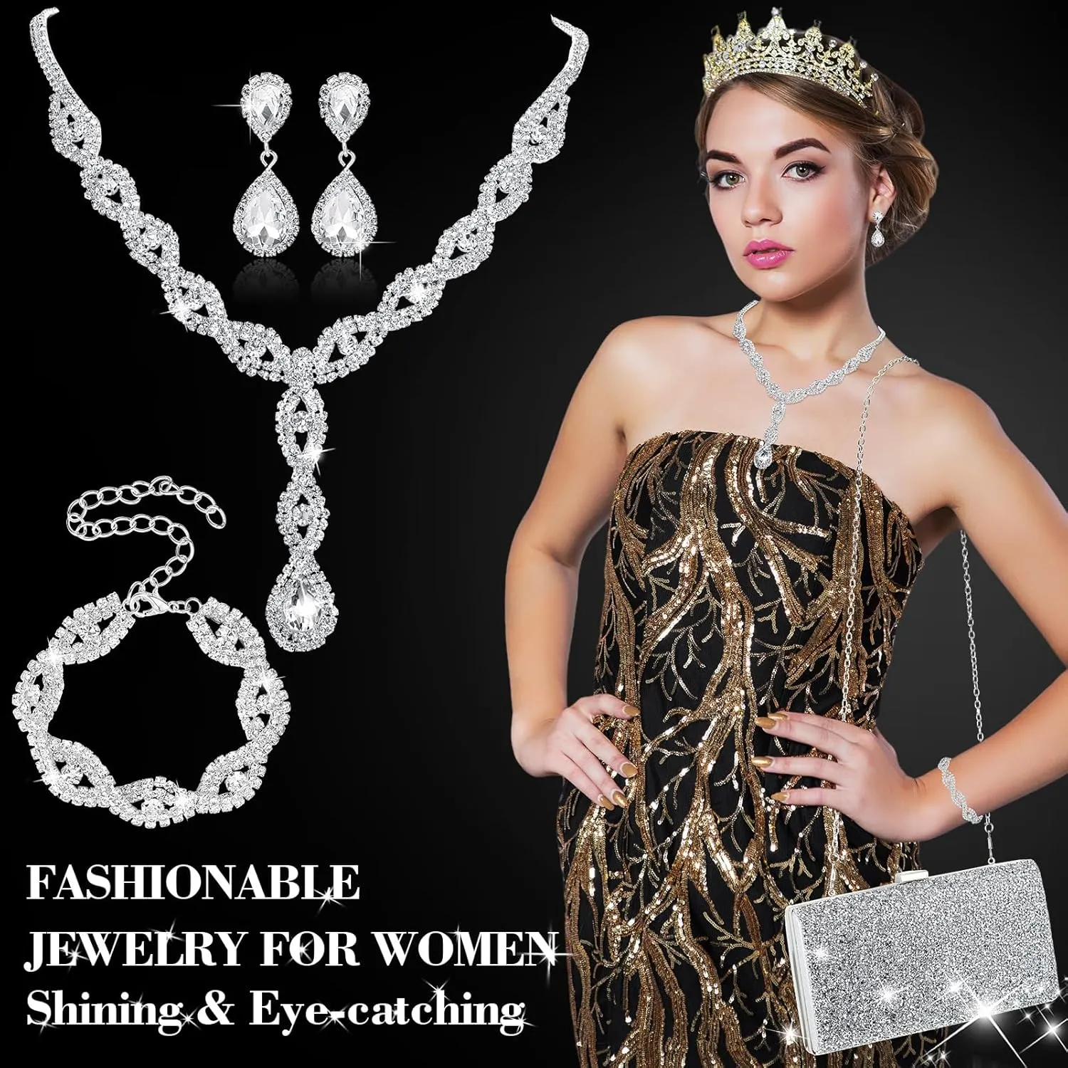 Mixweer 4 Pieces Clutch Purses Bag for Women Evening Rhinestone Jewelry Set Bling Necklace Earrings Bracelets Set for Wedding