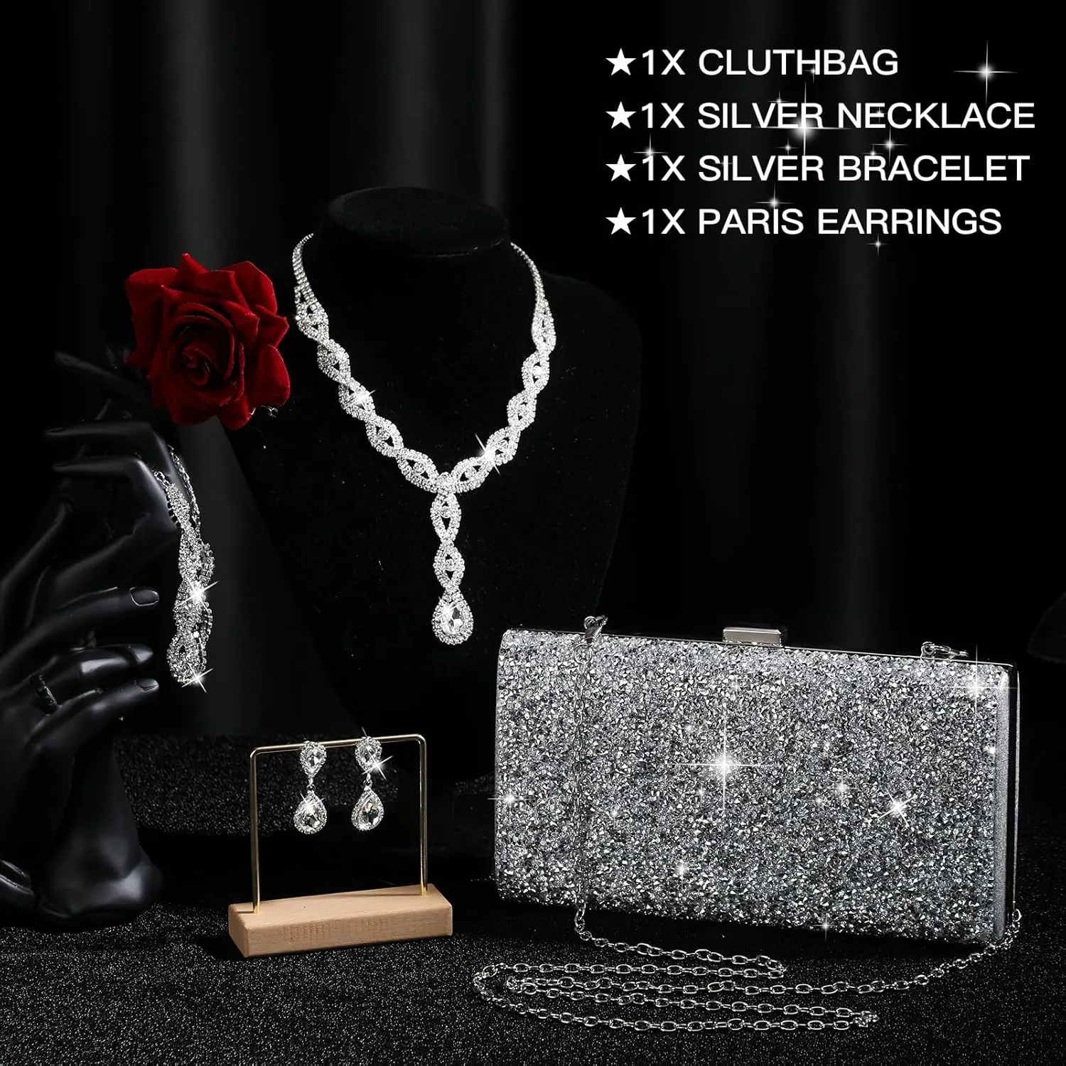 Mixweer 4 Pieces Clutch Purses Bag for Women Evening Rhinestone Jewelry Set Bling Necklace Earrings Bracelets Set for Wedding