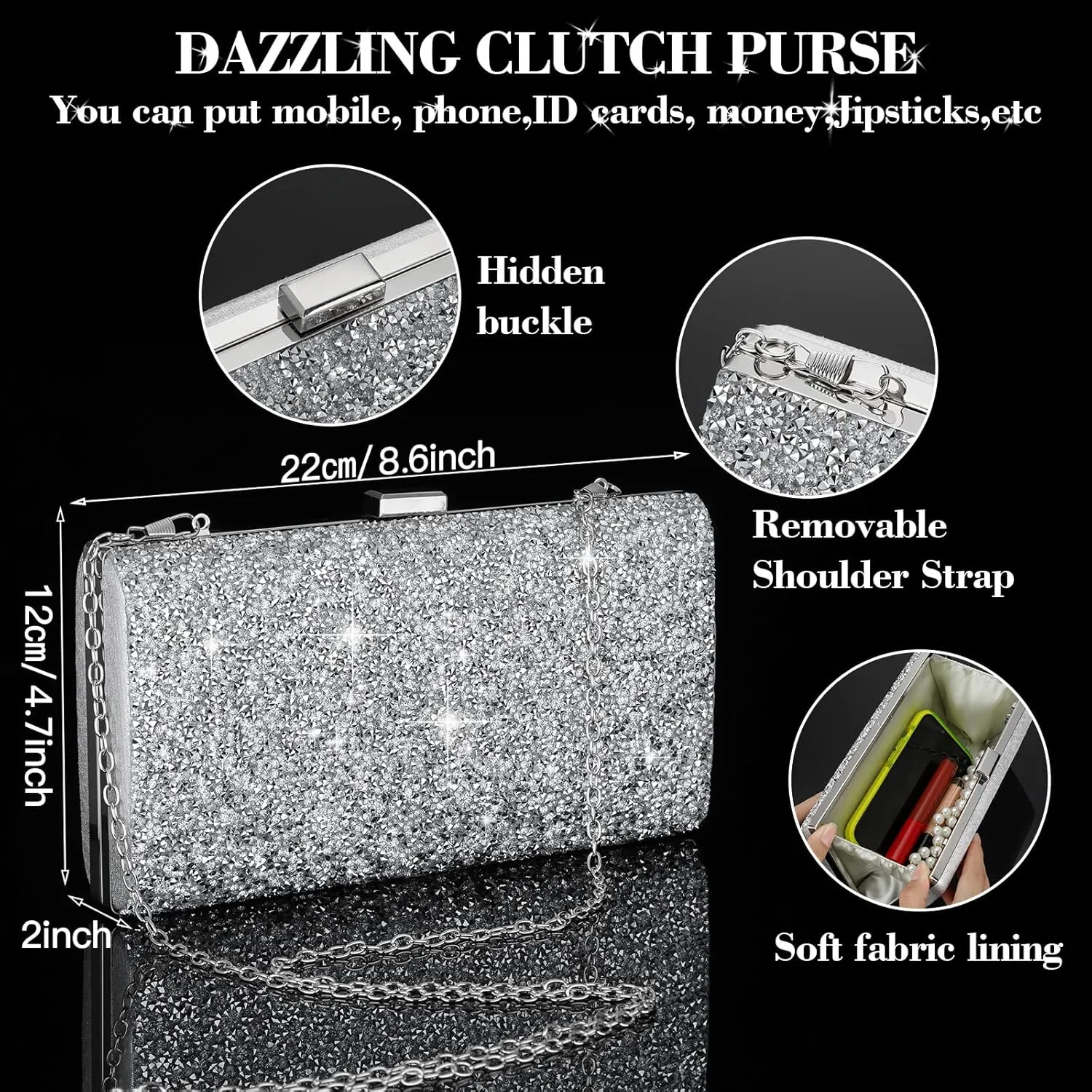 Mixweer 4 Pieces Clutch Purses Bag for Women Evening Rhinestone Jewelry Set Bling Necklace Earrings Bracelets Set for Wedding