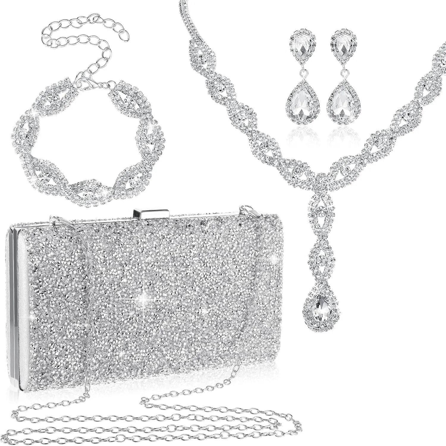 Mixweer 4 Pieces Clutch Purses Bag for Women Evening Rhinestone Jewelry Set Bling Necklace Earrings Bracelets Set for Wedding