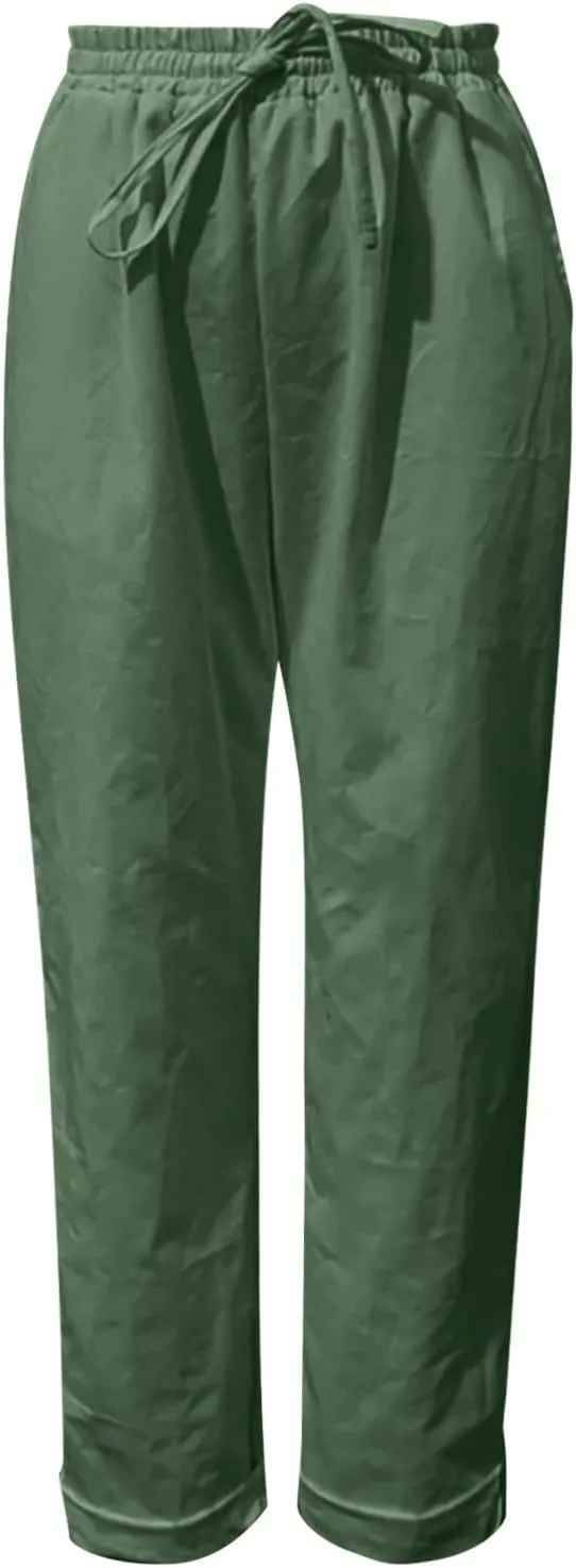 Miyaomn Women's Baggy Drawstring Linen Pants Cotton Elastic Waist Wide Leg Casual Joggers Solid Lounge Trousers with Pockets
