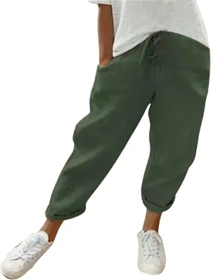 Miyaomn Women's Baggy Drawstring Linen Pants Cotton Elastic Waist Wide Leg Casual Joggers Solid Lounge Trousers with Pockets