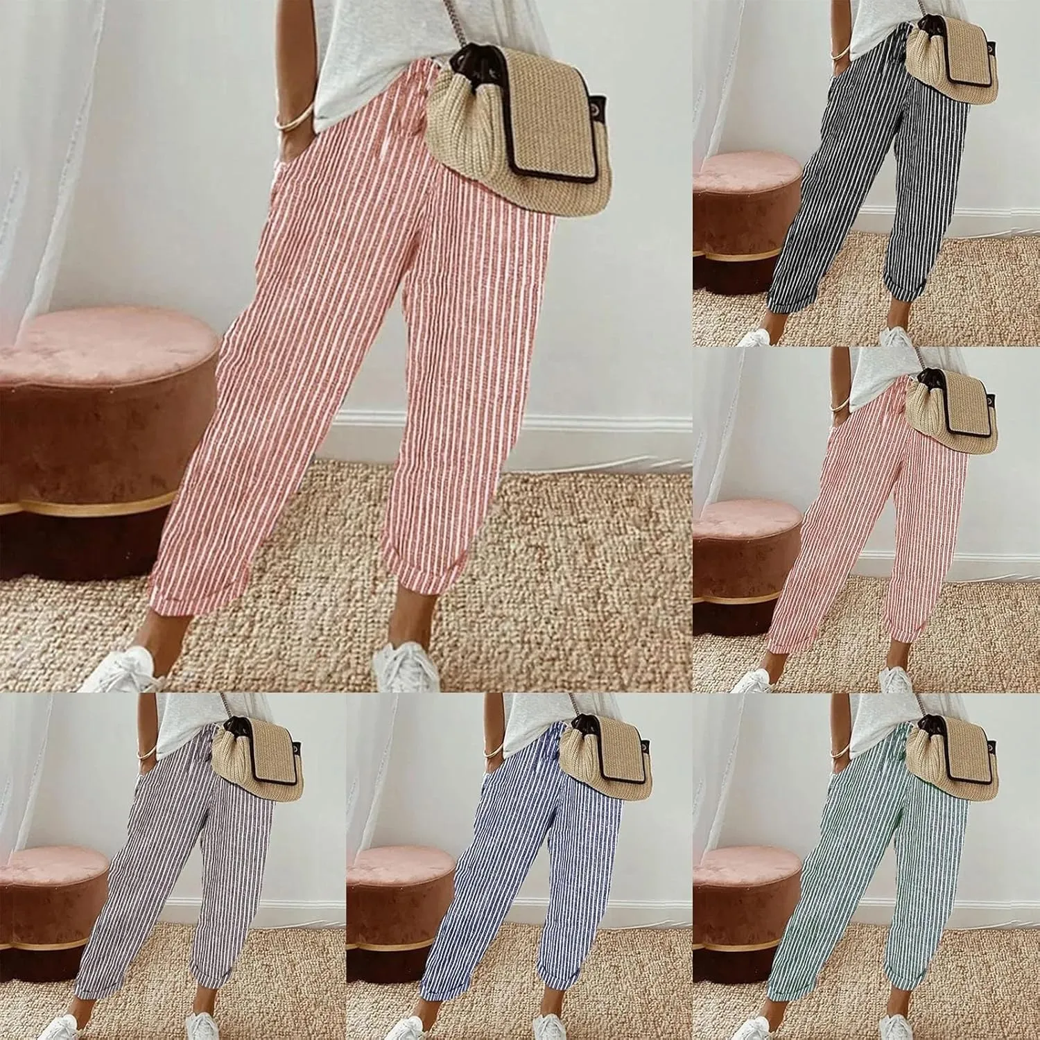 Miyaomn Women's Baggy Drawstring Linen Pants Cotton Elastic Waist Wide Leg Casual Joggers Solid Lounge Trousers with Pockets