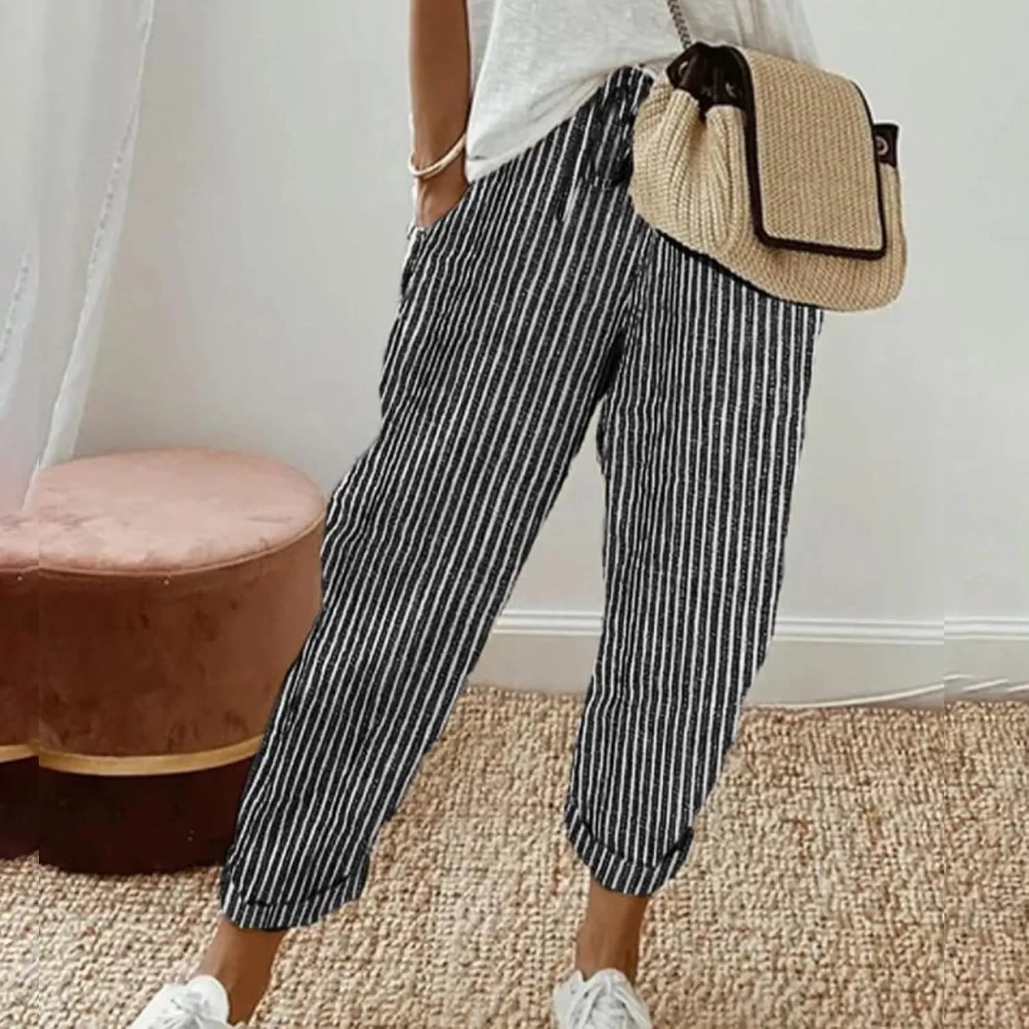 Miyaomn Women's Baggy Drawstring Linen Pants Cotton Elastic Waist Wide Leg Casual Joggers Solid Lounge Trousers with Pockets