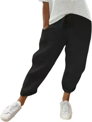 Miyaomn Women's Baggy Drawstring Linen Pants Cotton Elastic Waist Wide Leg Casual Joggers Solid Lounge Trousers with Pockets