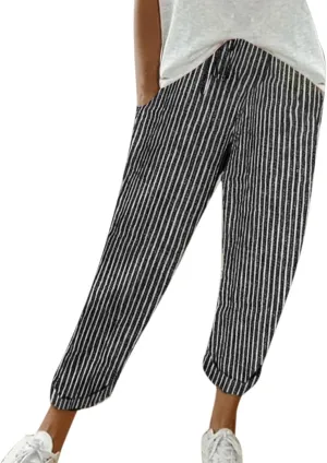 Miyaomn Women's Baggy Drawstring Linen Pants Cotton Elastic Waist Wide Leg Casual Joggers Solid Lounge Trousers with Pockets