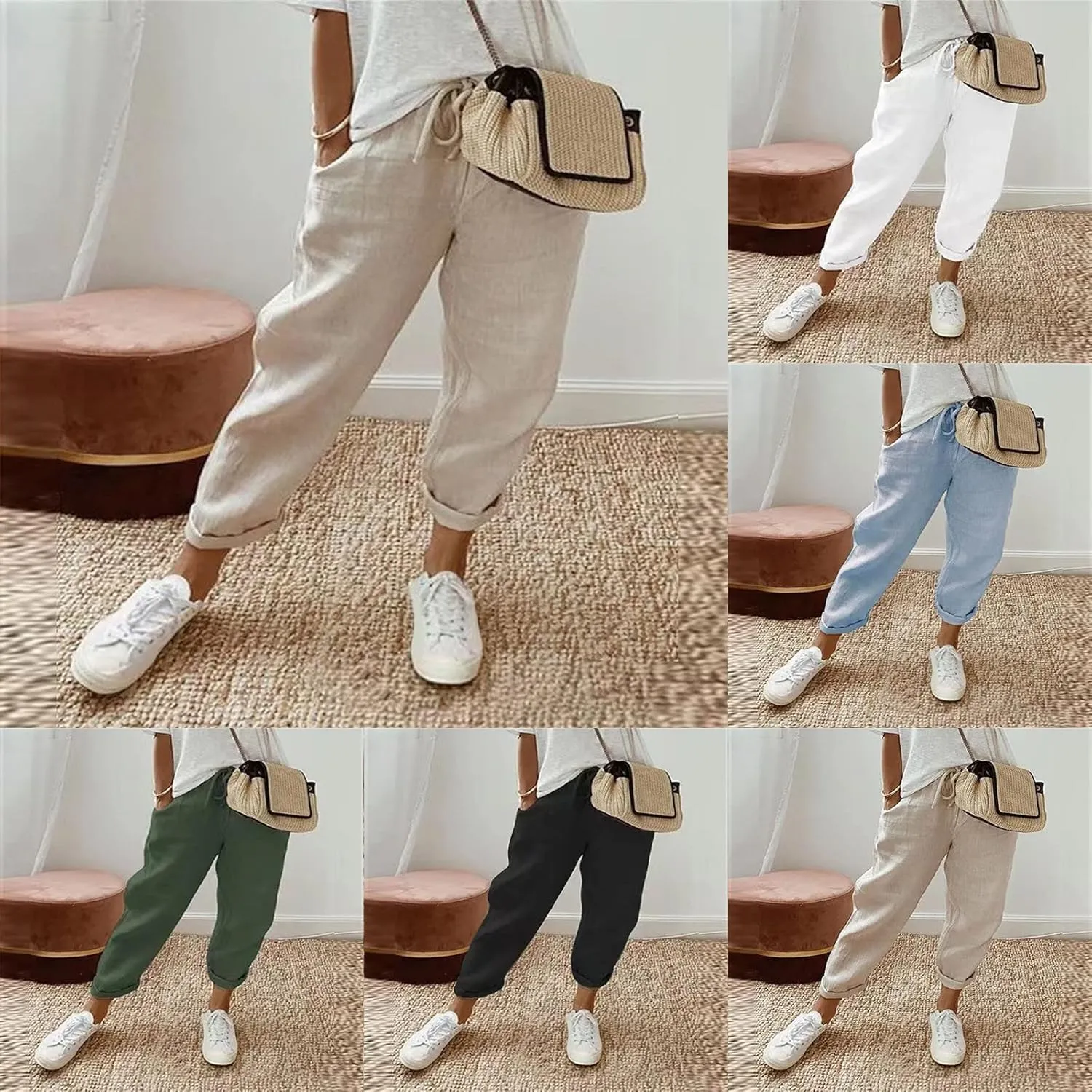 Miyaomn Women's Baggy Drawstring Linen Pants Cotton Elastic Waist Wide Leg Casual Joggers Solid Lounge Trousers with Pockets