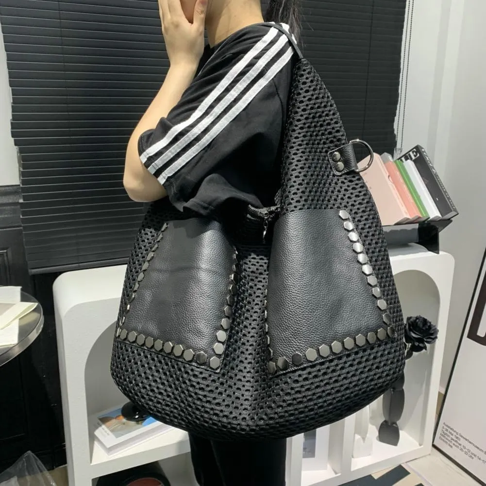 Molodo Large Tote Bag for Women Vintage Mesh Shoulder Bag Casual Studded Hobo Bag Satchel Bag Punk Handbag Purses