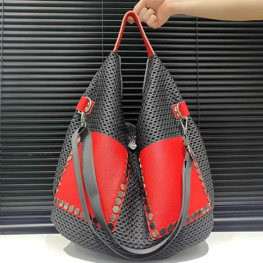 Molodo Large Tote Bag for Women Vintage Mesh Shoulder Bag Casual Studded Hobo Bag Satchel Bag Punk Handbag Purses