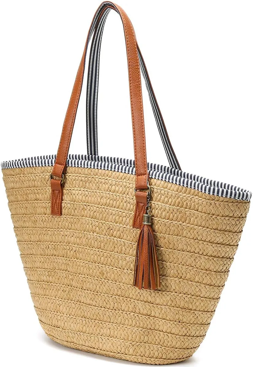 Molodo Straw Bag Round Summer Straw Large Woven Beach Bag Purse For Women Vocation Tote Handbags With Pom Poms