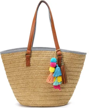 Molodo Straw Bag Round Summer Straw Large Woven Beach Bag Purse For Women Vocation Tote Handbags With Pom Poms