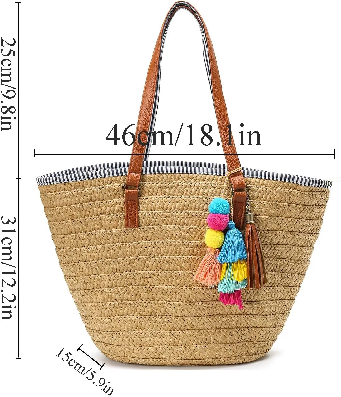 Molodo Straw Bag Round Summer Straw Large Woven Beach Bag Purse For Women Vocation Tote Handbags With Pom Poms
