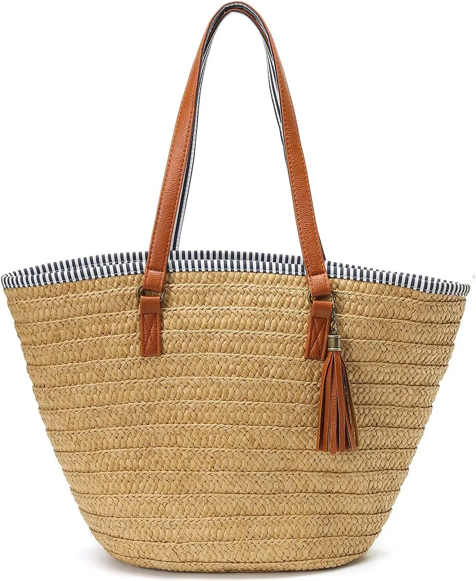 Molodo Straw Bag Round Summer Straw Large Woven Beach Bag Purse For Women Vocation Tote Handbags With Pom Poms