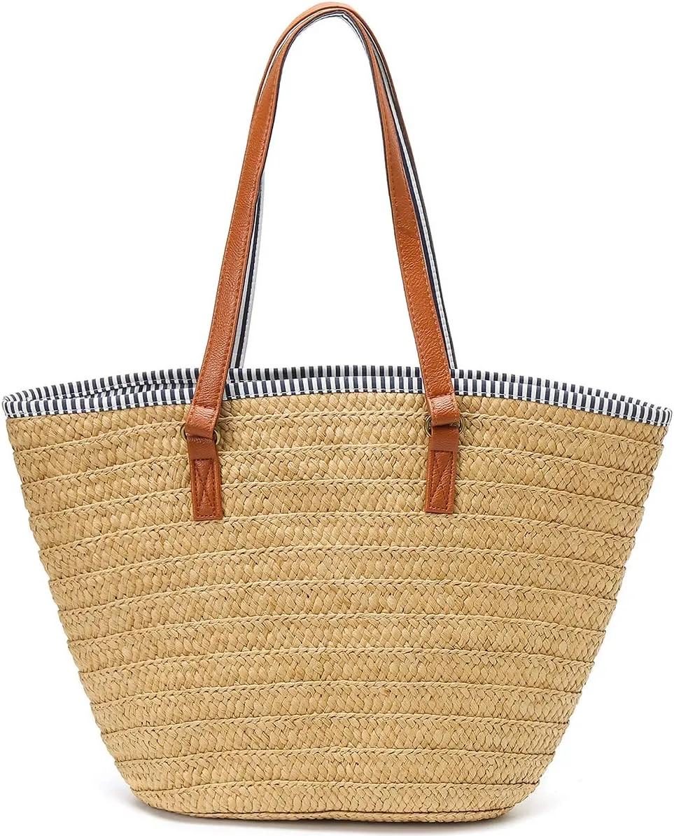 Molodo Straw Bag Round Summer Straw Large Woven Beach Bag Purse For Women Vocation Tote Handbags With Pom Poms