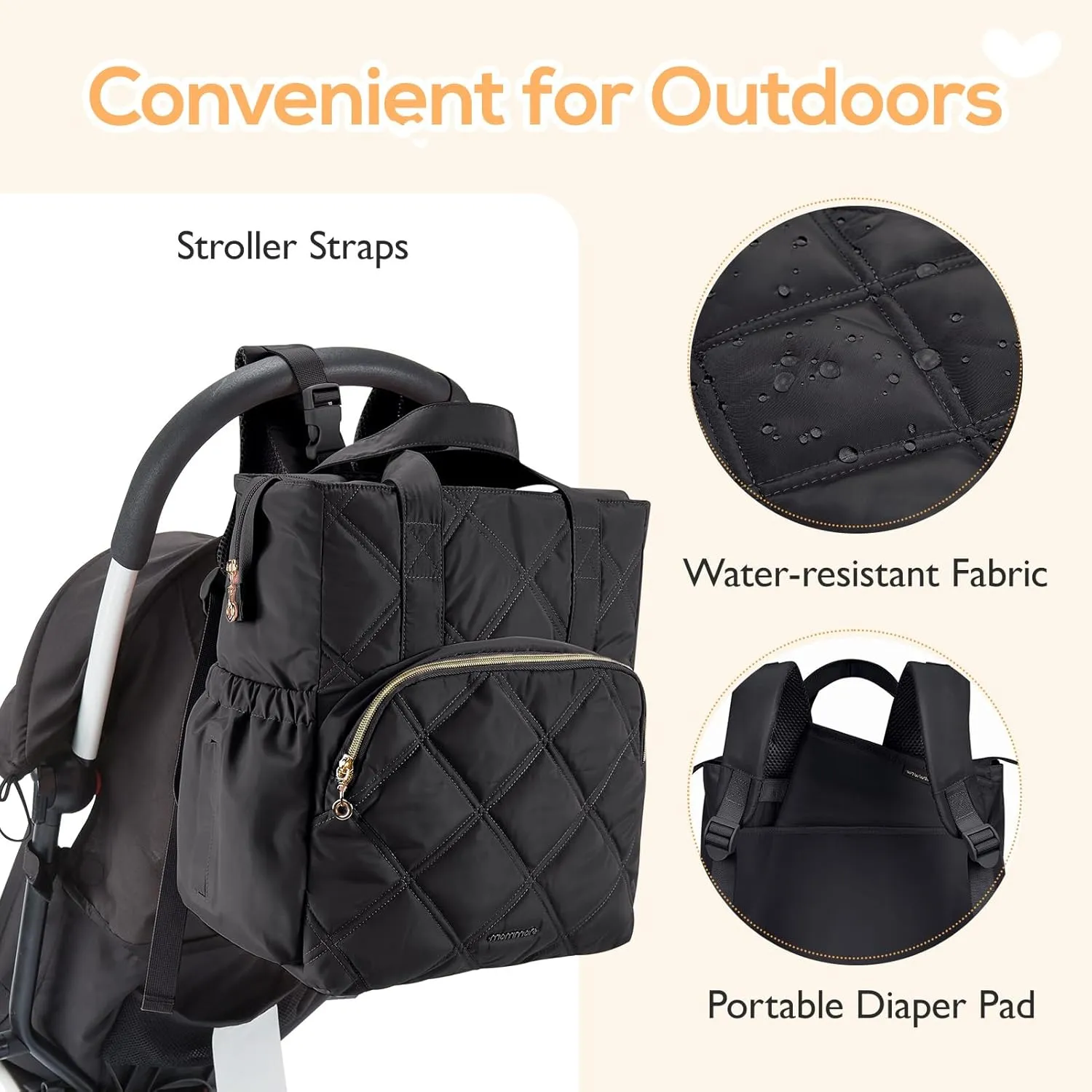 mommore Quilted Diaper Bag Backpack, Small Baby Bags, Lightweight Mini Diaper Backpack for Travel, with Insulated Pockets, Changing Pad (Black)