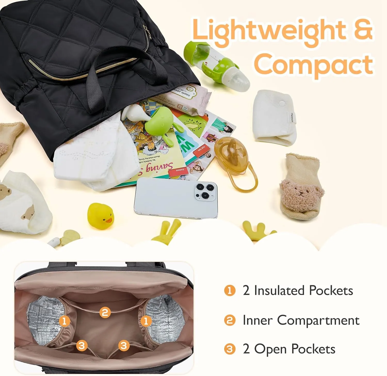mommore Quilted Diaper Bag Backpack, Small Baby Bags, Lightweight Mini Diaper Backpack for Travel, with Insulated Pockets, Changing Pad (Black)