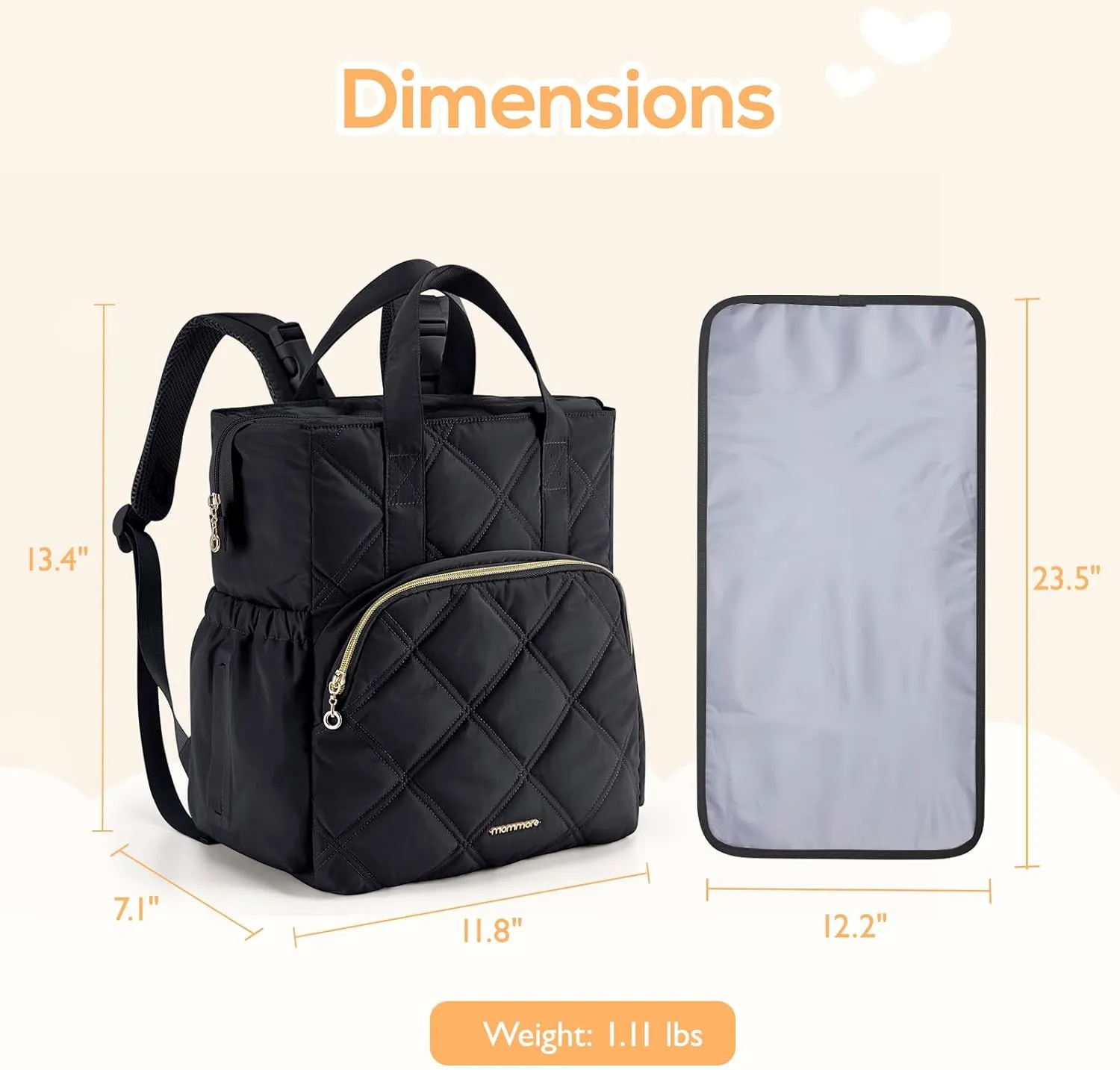 mommore Quilted Diaper Bag Backpack, Small Baby Bags, Lightweight Mini Diaper Backpack for Travel, with Insulated Pockets, Changing Pad (Black)