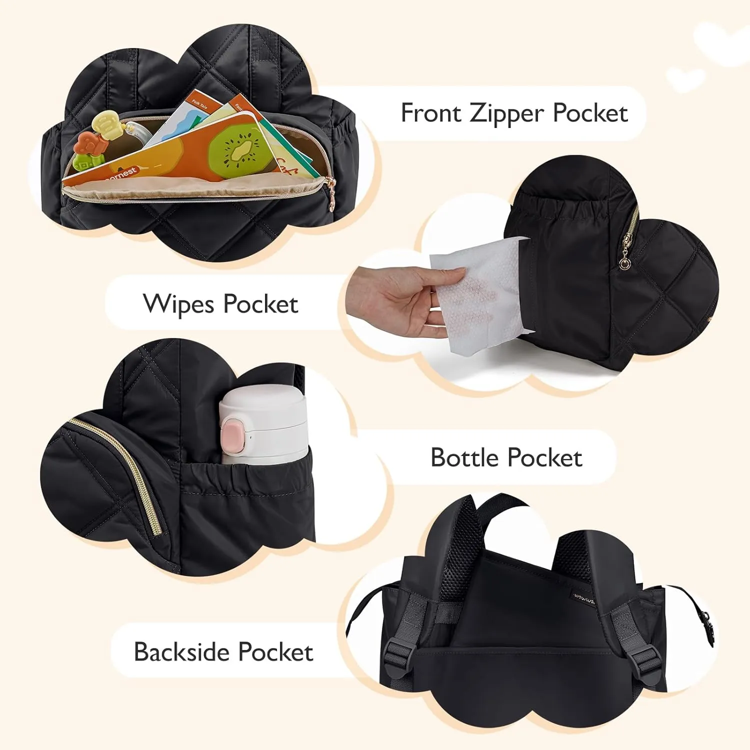 mommore Quilted Diaper Bag Backpack, Small Baby Bags, Lightweight Mini Diaper Backpack for Travel, with Insulated Pockets, Changing Pad (Black)