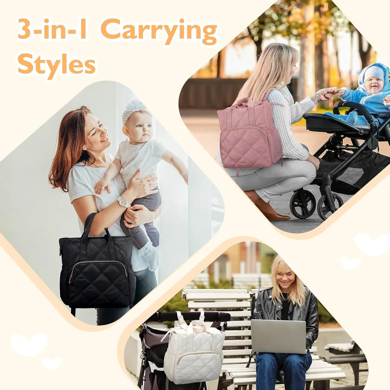 mommore Quilted Diaper Bag Backpack, Small Baby Bags, Lightweight Mini Diaper Backpack for Travel, with Insulated Pockets, Changing Pad (Black)