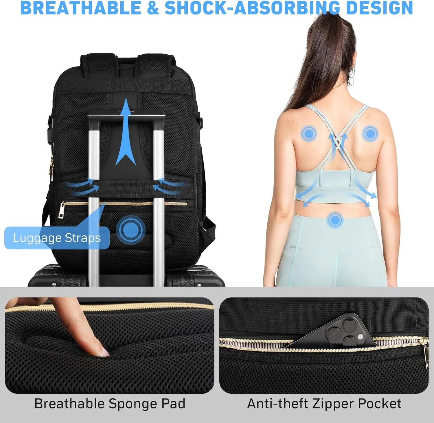 MOMUVO Travel Backpack for Women, Carry On Backpack Flight Approved, Large Anti Theft 17 Inch Laptop Backpack Water Resistant Luggage Backpack with USB Charging Port & Shoe Bag, Black
