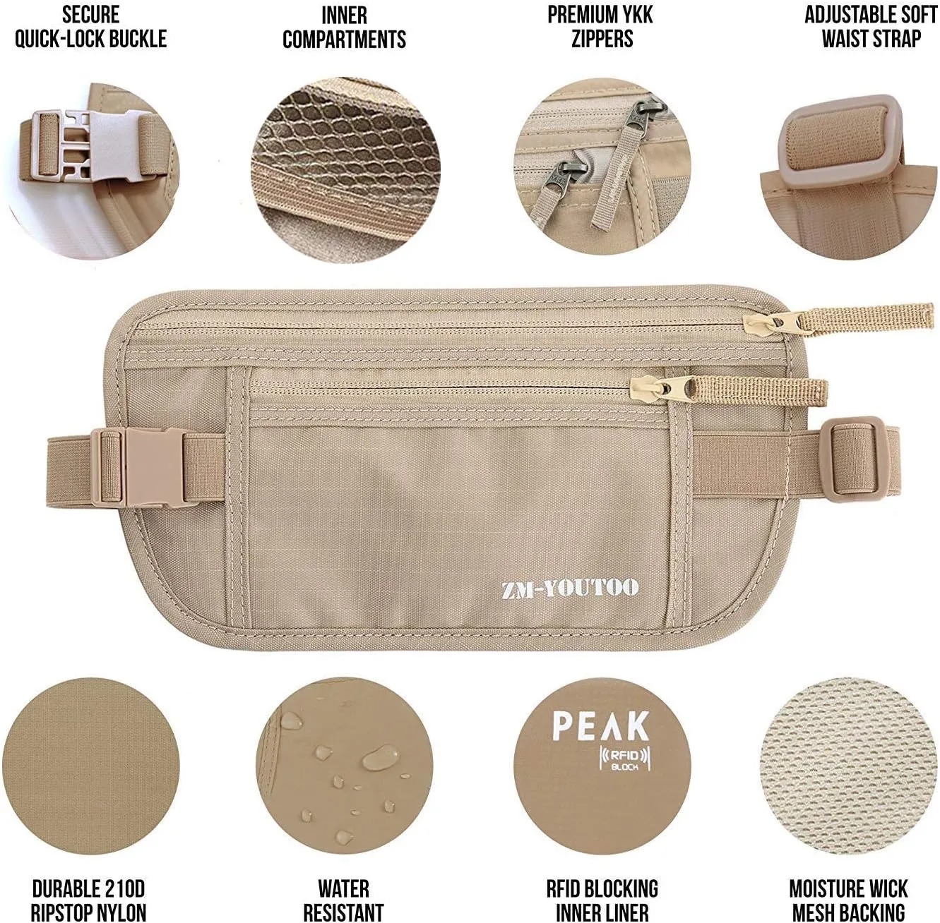Money Belt for Travel - Hidden Travel Pouch Protect Your Credit and Money With RFID Blocking Passport Holder Waist Wallet (Khaki)