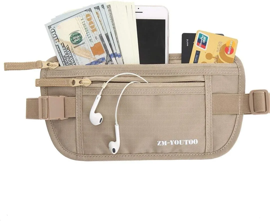 Money Belt for Travel - Hidden Travel Pouch Protect Your Credit and Money With RFID Blocking Passport Holder Waist Wallet (Khaki)