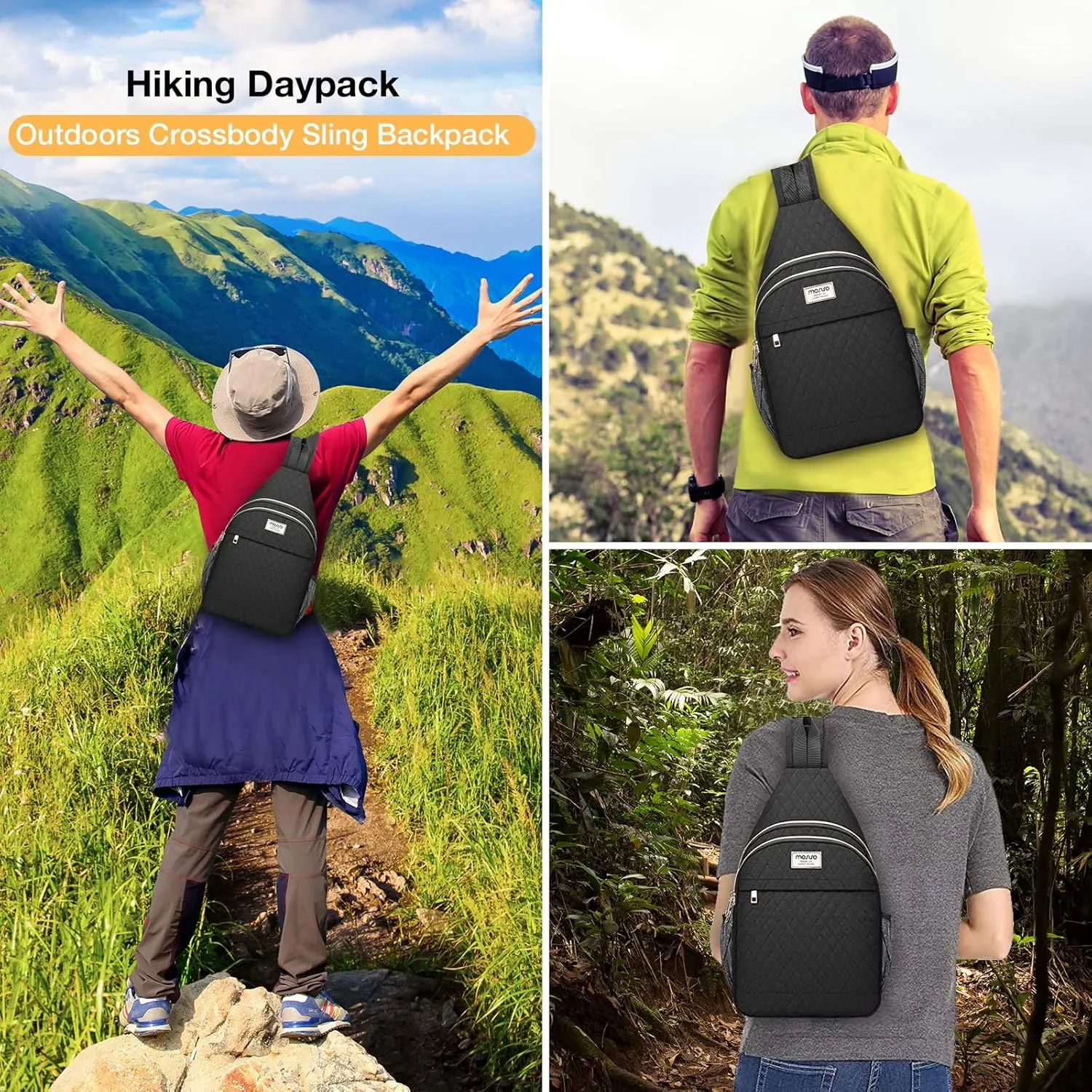 MOSISO Sling Backpack, Rhombus Quilted Crossbody Bag with Front Pockets Casual Chest Shoulder Travel Hiking Daypack Bag